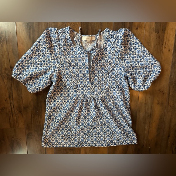 LOFT Tops - LOFT Blue Floral Puff Sleeve Tie Neck Blouse XS Cottagecore Boho